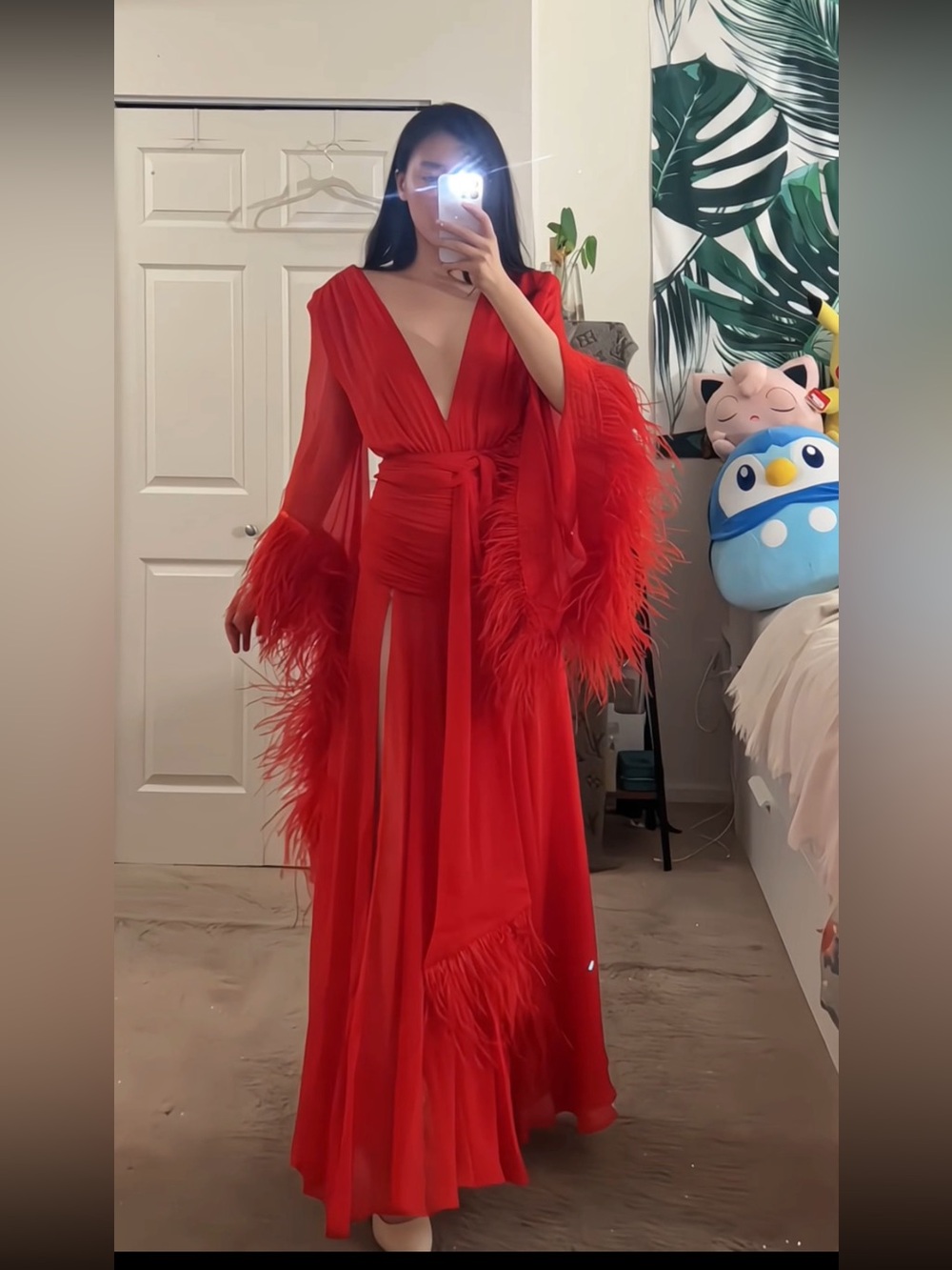 Bronx & Banco Geisha Ostrich Feather Trimmed Plunge High Slit Wrap Gown M NWOT - Picture 14 of 16